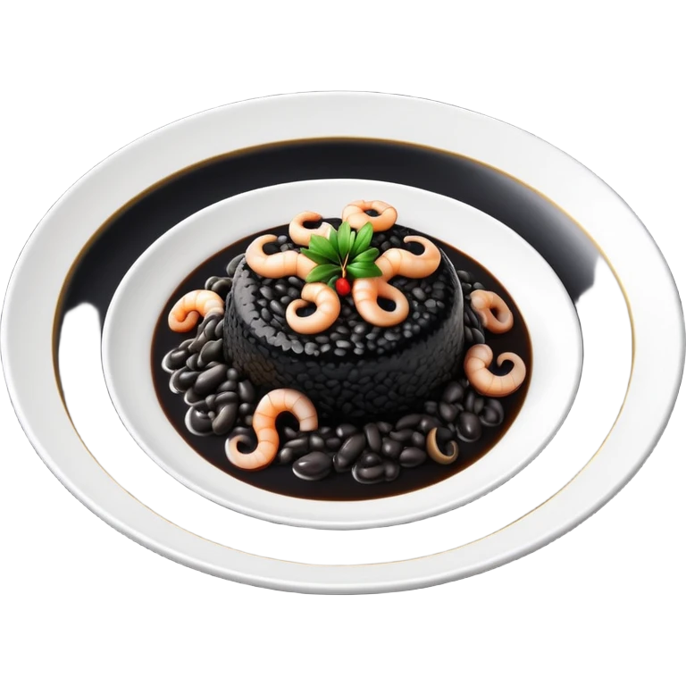 cinematic-realistic-black-risotto-dish-emoji,-showcasing-small squid pieces in black sauce -rendered-with-bold-textures-and-dynamic,-dramatic-lighting in a white plate emoji