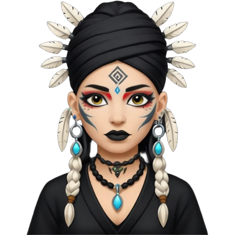 white shaman woman black clothes black accesories face tattoos emoji