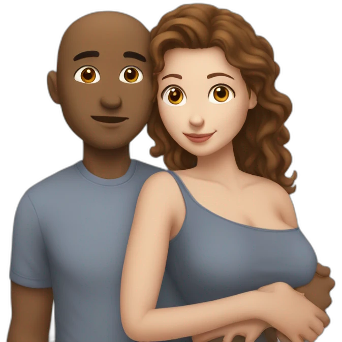 A mixed race man with very little hair kissing a white woman with brown hair short, Who embrace each other tenderly emoji