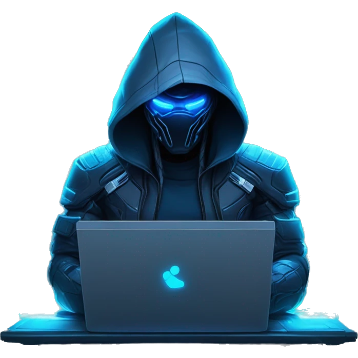 Hacker behind his laptop with this style : crysis Cyberpunk Valorant neon glowing bright blue character blue black hooded assassin themed character emoji