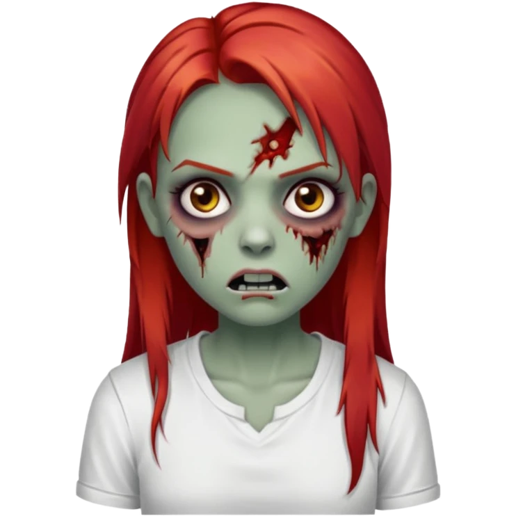 I want to draw a zombie woman, with a scar on her mouth and some bruises on her face, long, straight red hair, and black eyes. She'll be wearing a white shirt. emoji