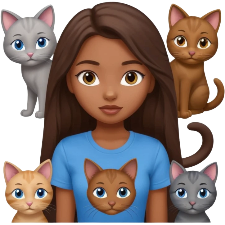a pretty bratz dusky girl with long brown hair, blue eyes with six cats nd wearing a grey tshirt emoji