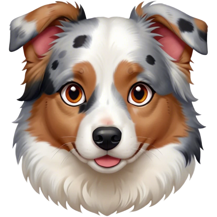 Cinematic Cute Calico Australian Shepherd Portrait Emoji, Head tilted playfully and inquisitively, predominantly white coat with patches of black, tan, and red calico merle markings, round, sparkling blue eyes filled with curiosity, Simplified yet irresistibly adorable features, highly detailed, glowing with a warm, friendly glow, high shine, affectionate and lively, stylized with a touch of whimsy, bright and endearing, soft glowing outline, capturing the essence of a mischievous yet loving pup, so playful it feels like it could bound out of the screen and into your arms! emoji