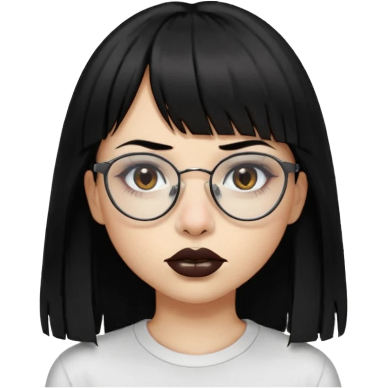 uma mulher snapchat icon, cor da pele normal, cabelo preto liso solto grande com franja vegana, curta, óculos pretos, com piercing na boca e nariz, olhos castanhos, camisa branca, a tela de fundo branca, coloque um piercing, um metal na boca e no nariz, cicatriz na sobrancelha, cor da boca preto,  emoji