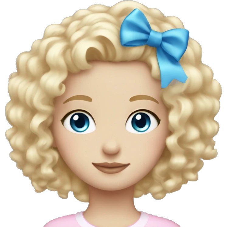 Soft blond curly girl white skin blue eyes in light pink bow emoji