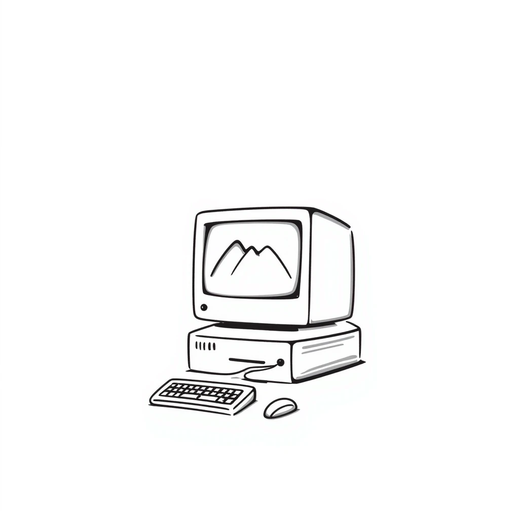 Pixel art style old Macintosh computer, simple monochrome linework emoji