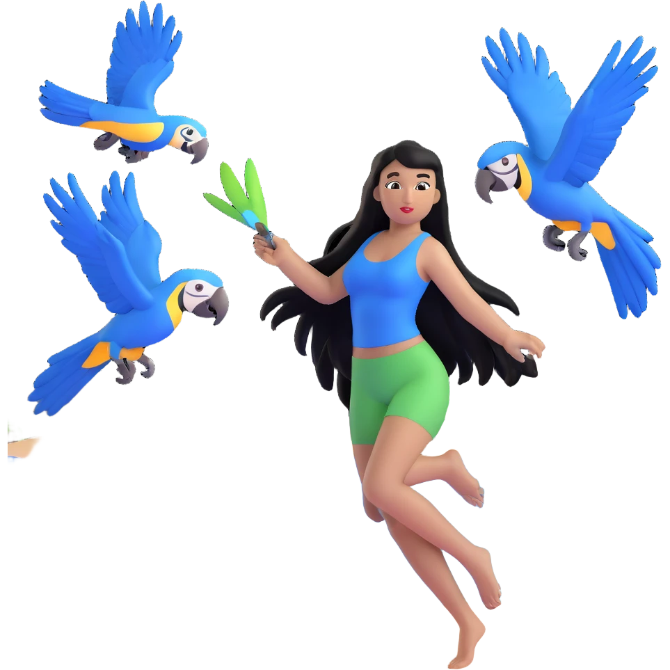 woman with long straight black hair, light brown skin, with blue macaws flying around her, and the three arches of Atalaia Beach (Aracaju-SE) in the background emoji