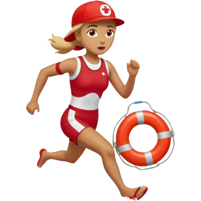 Female lifeguard – red cap, running along shore with rescue buoy emoji