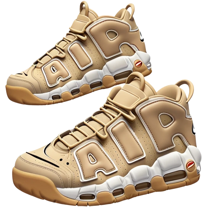 A pair of beige Nike Air More Uptempo sneakers in iOS emoji style, with left and right shoes positioned with one slightly behind the other, featuring minimalist design with the iconic AIR lettering on sides emoji