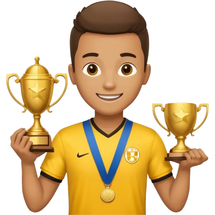 happy soccer player with a first-place medal and a trophy in yellow t-shirts emoji