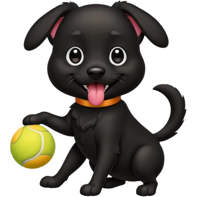 Cute emoji-style illustration of a happy black dog playing with a tennis ball, shiny black fur, joyful expression with tongue out, big expressive eyes, playful pose, vibrant colors, smooth clean lines, high resolution, sticker-style, transparent background emoji