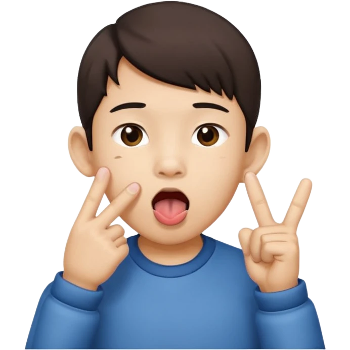 a boy with asian eyes holding his ears with 2 fingers and with his tongue out emoji