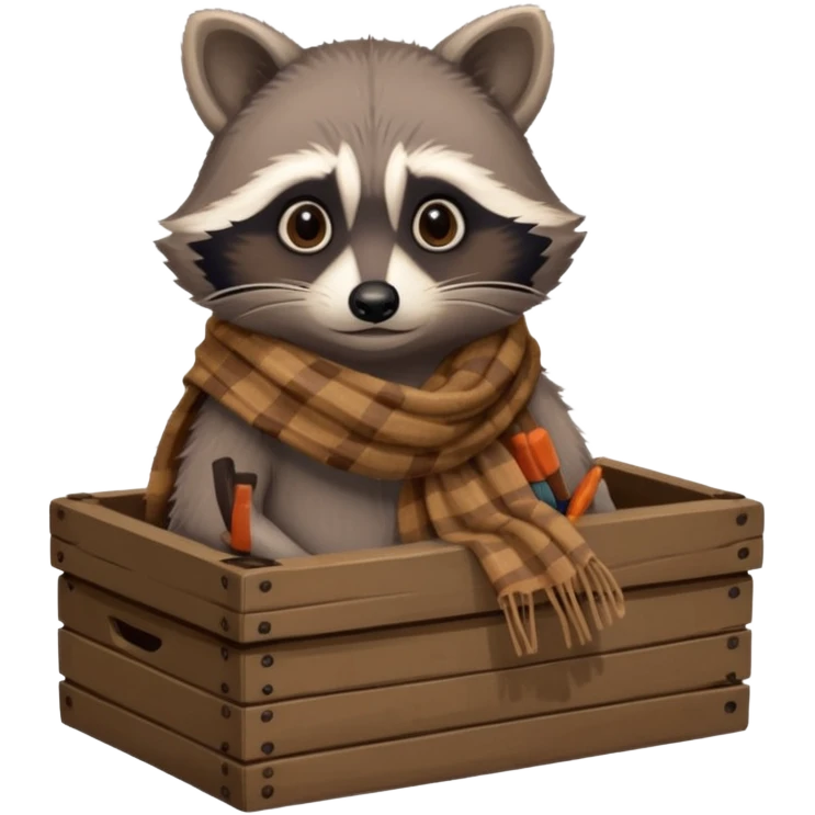 A raccoon with worn-out scarf, sitting next to a tiny box of collected belongings, staring curiously with round sad eyes.
 emoji