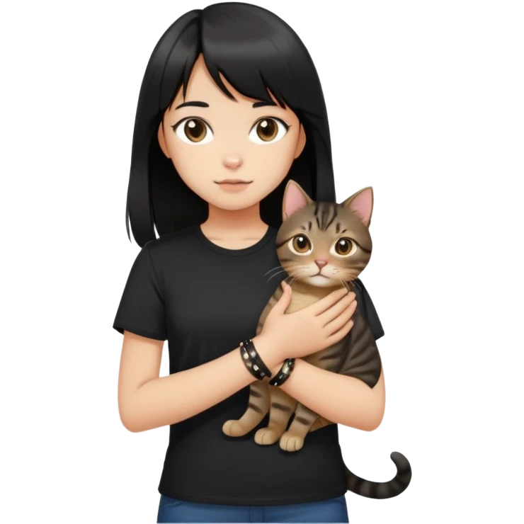 A girl with black long hair and middle-parted bangs, wearing a black short-sleeved shirt, a brown bracelet on her right wrist, white skin, holding a tabby cat, the cat is standing upright emoji