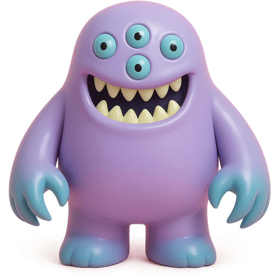 terrifying monster with multiple eyes, long claws, menacing grin, deep purple and black colors, vinyl figure style emoji