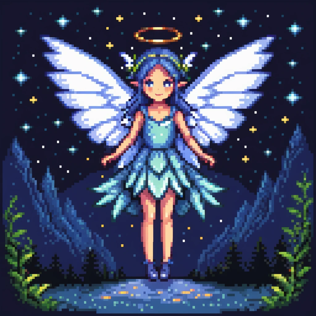 fairy with wings, night scene, surrounded by stars emoji