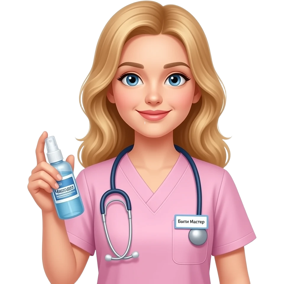 pretty fair-haired girl in pale pink medical scrubs, slight smile, holding "Чистодез" spray bottle, name tag "Бьюти Мастер". Pastel colors, clean vector, white background --ar 1:1 emoji