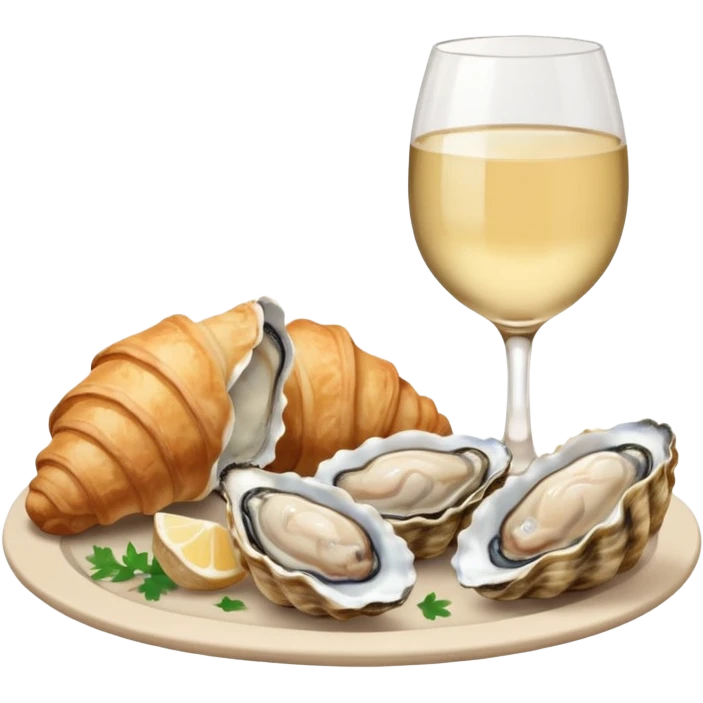 French cuisine humanless avatar in clean emoji-style illustration. 1 Croissant, oysters and wine glass, soft beige tones, simple shapes, flat design, refined and cozy. emoji