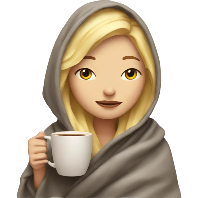 Blonde girl inside a blanket sipping coffee eyes closed emoji
