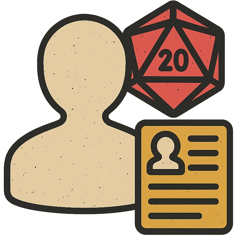 minimalist icon representing Player for DnD TTRPGs with silhouette, D20 dice, or character sheet, worn and distressed look emoji