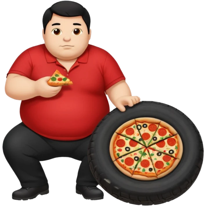 Fat guy with black hair changing a tire and eating pizza in a red polo and black pants emoji
