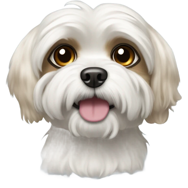 A white maltese / shitzoo dog with tan spots, curly fur and big eyes emoji