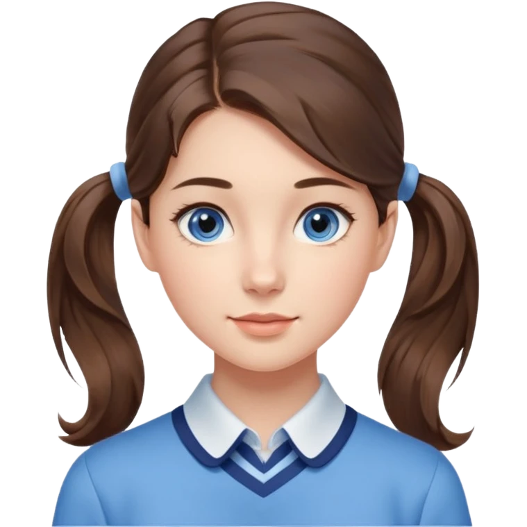 Realistic Student Portrait, with porcelain-like skin featuring a natural rosy flush, illuminated by soft lighting that highlights the gentle contours of her face. Her Brunette pony tail hair flows in soft, Her deep blue eyes radiate warmth and innocence,  wear light blue preppy style. emoji