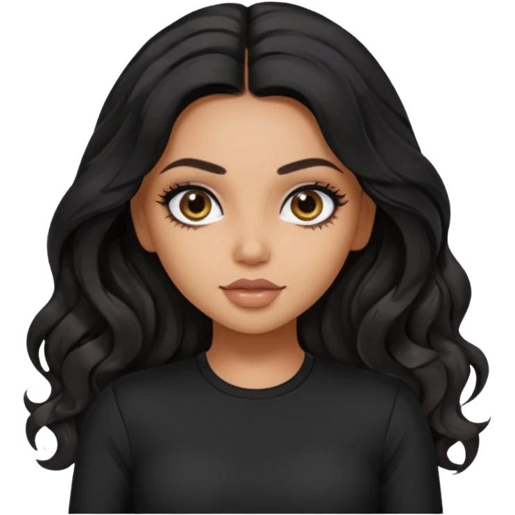 a pretty bratz dusky girl with long wavy black hair, kajal under eyes, black full sleeve  top emoji