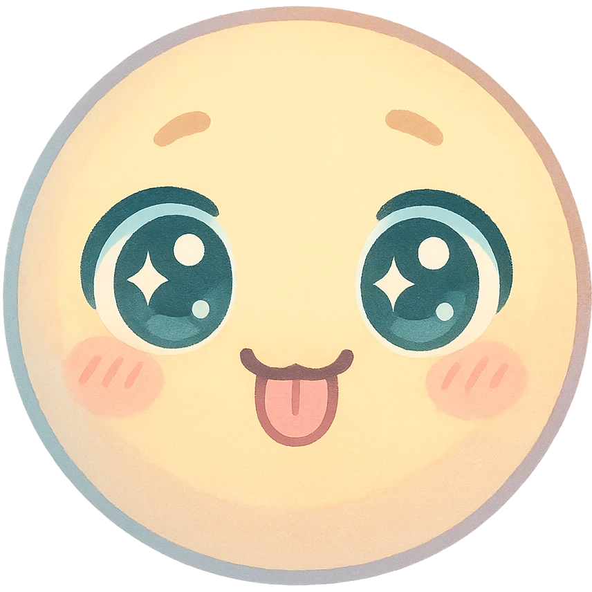 cute emoji, round face, big sparkling eyes, tiny tongue sticking out, playful, pastel colors emoji