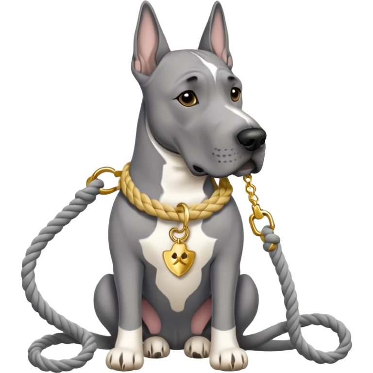 Gray Great Dane with white rope collar and rope Leash with gold accents  emoji