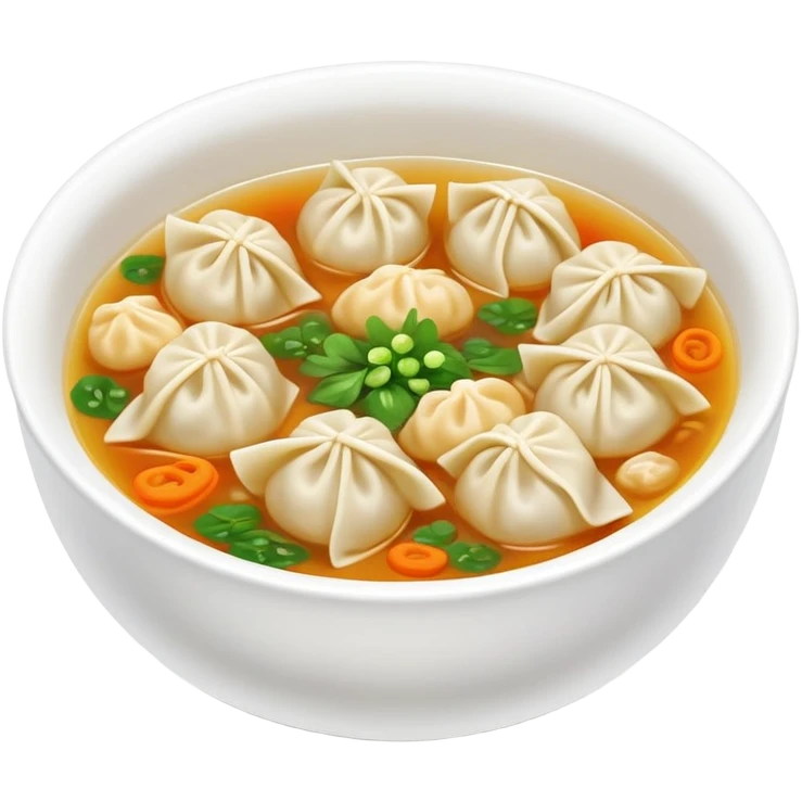 Wenzhou Huntun Wonton Noodle Soup with small dumplings, simplified emoji style with bold outlines and bright colors, cartoon style Zhejiang specialty with clear broth emoji