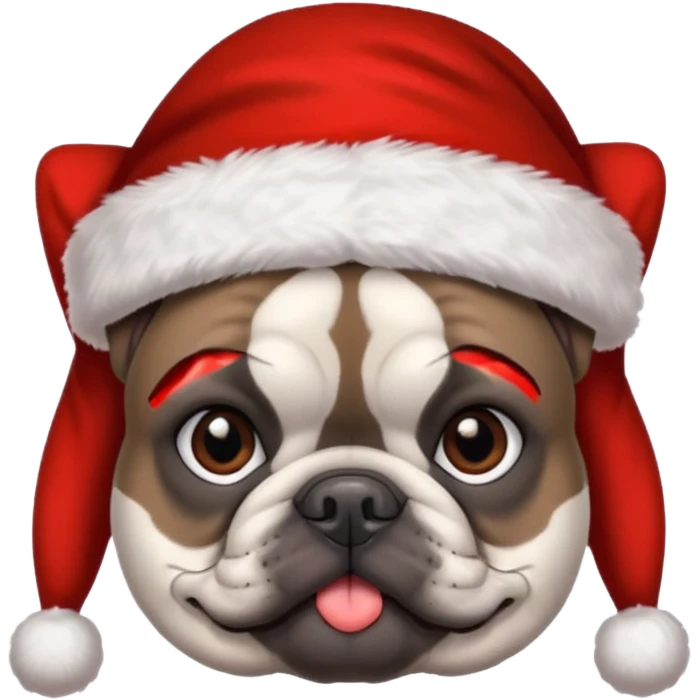 brunette woman with a dark grey French bulldog both wearing Santa emoji