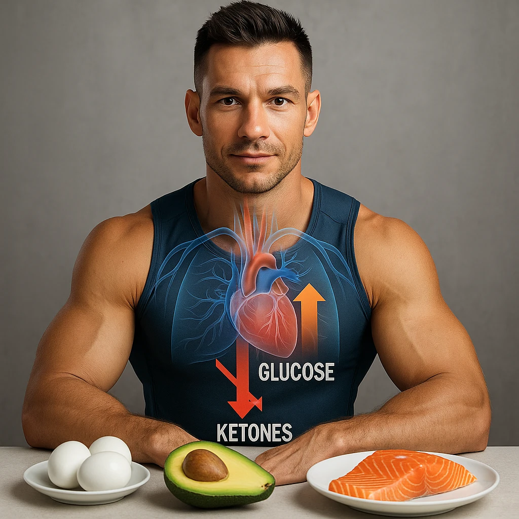 athletic man in 4K sitting at a table with ketogenic foods (eggs, avocado, salmon), anatomical overlay showing glucose reduction and increased ketones in the blood emoji