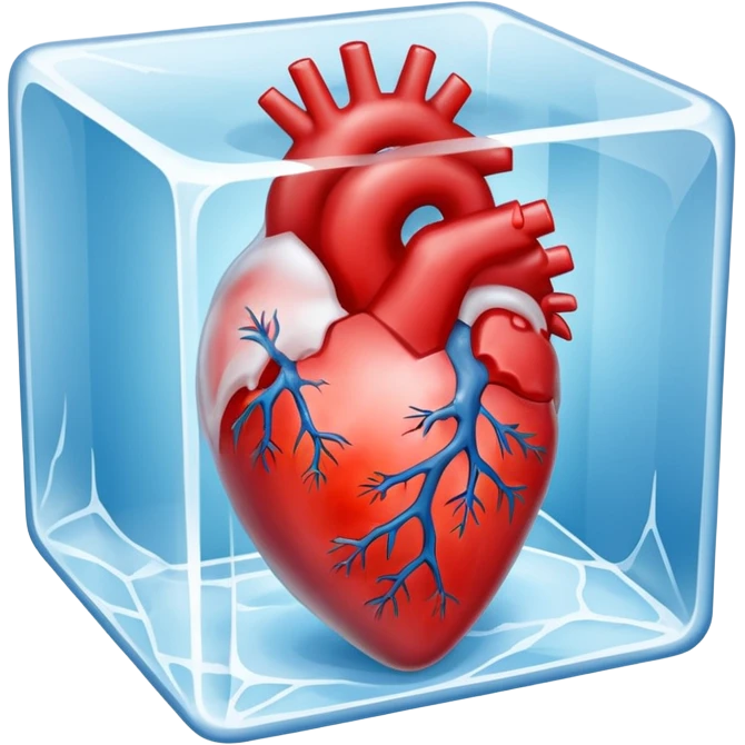 An artistic depiction of a human heart frozen in time, encased in a crystal-clear ice cube, symbolizing emotional coldness and isolation, cinematic lighting, high detail emoji