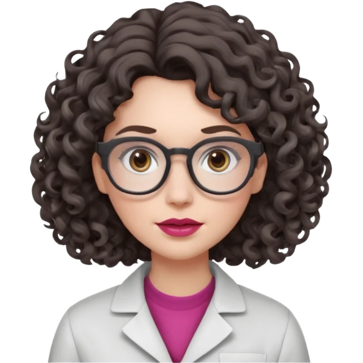 A crazy female scientist, with curly-wavy dark brown medium lenght hair, brown eyes and light grey glasses and pale skin and pinkish lips, dressed to look like an english teacher but in neutral tones like grey black white, maybe with the pop of dark red, with no girly colors,  emoji