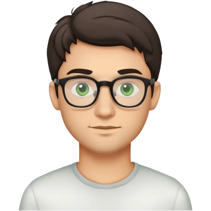 young man with dark poofier slightly curled hair wearing glasses with green eyes and very light stubble, minimal facial hair, with a slight smile emoji