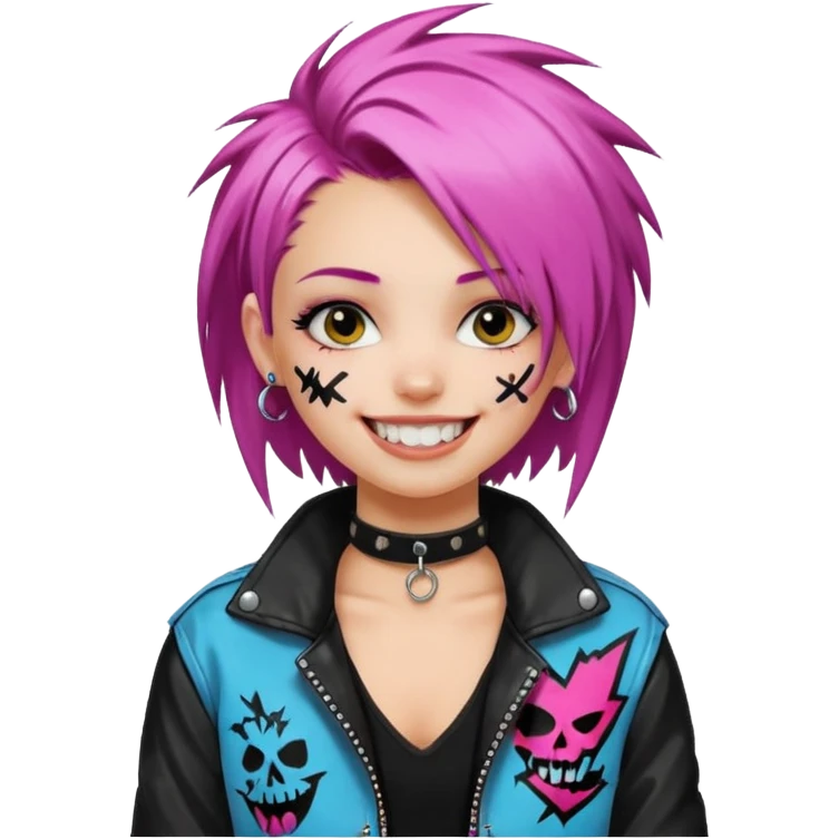 a punk girl with neck-length dyed hair and wear a punk graffiti jacket with black choker grin playfully  emoji