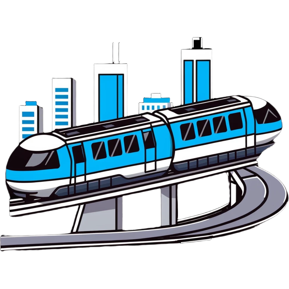 Futuristic monorail train curving above a cityscape with tall buildings emoji