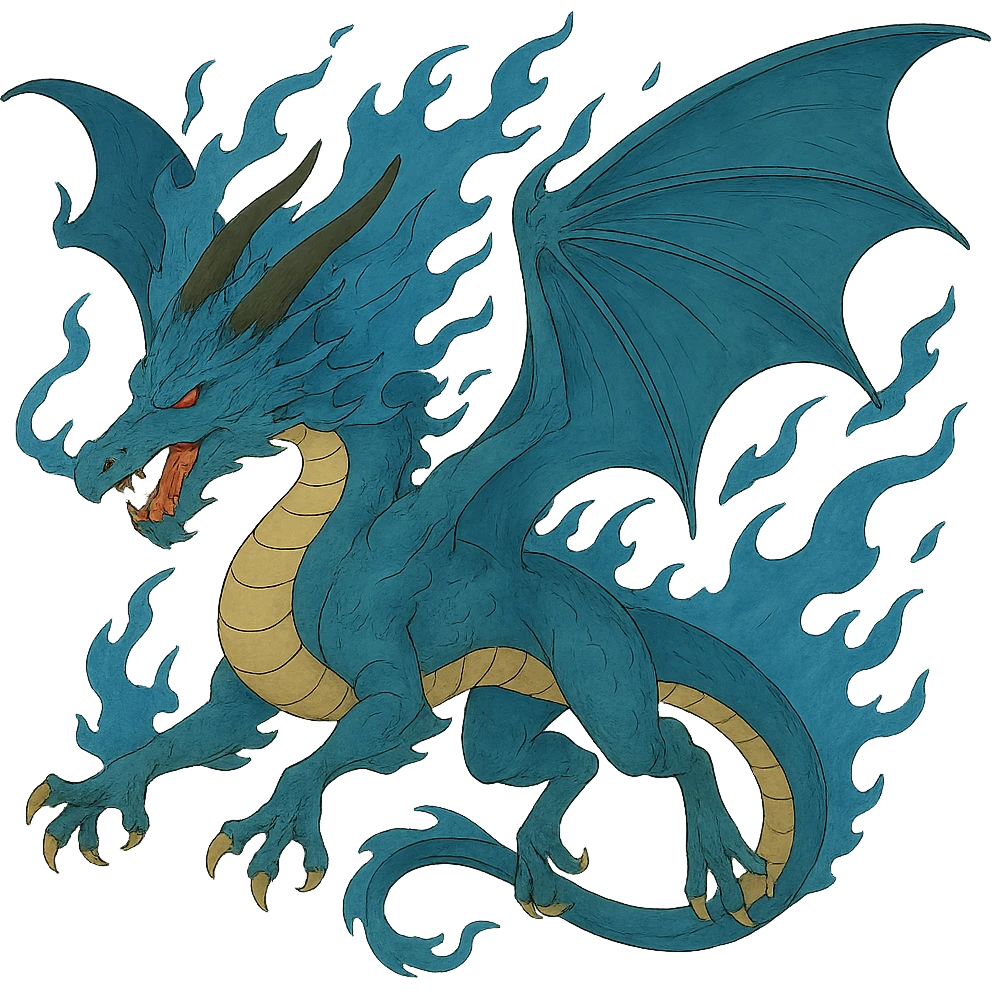 Show this fiery blue dragon with large wings in a dynamic flying pose, keep the style. emoji