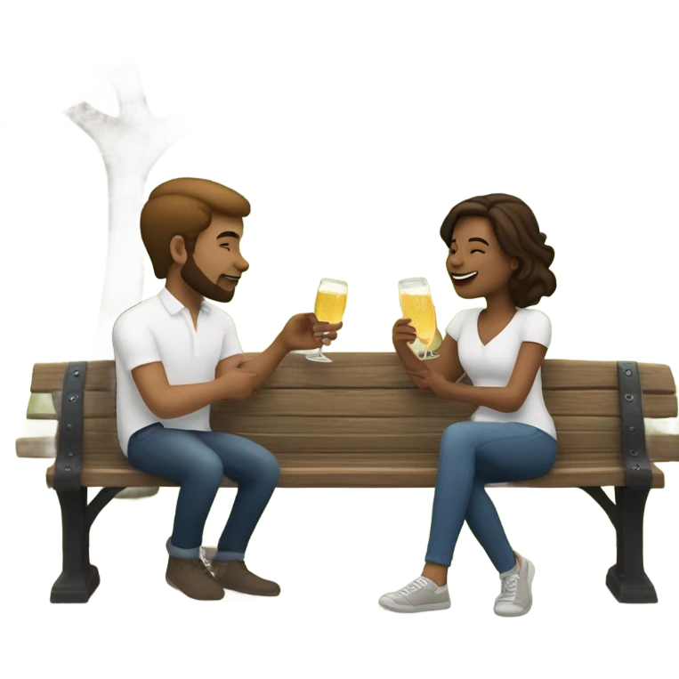 couple with white skin people and brown hair, sitting closely on a park bench, enjoying a romantic moment. One person is holding a croissant, and the other is holding a glass of Prosecco.  emoji