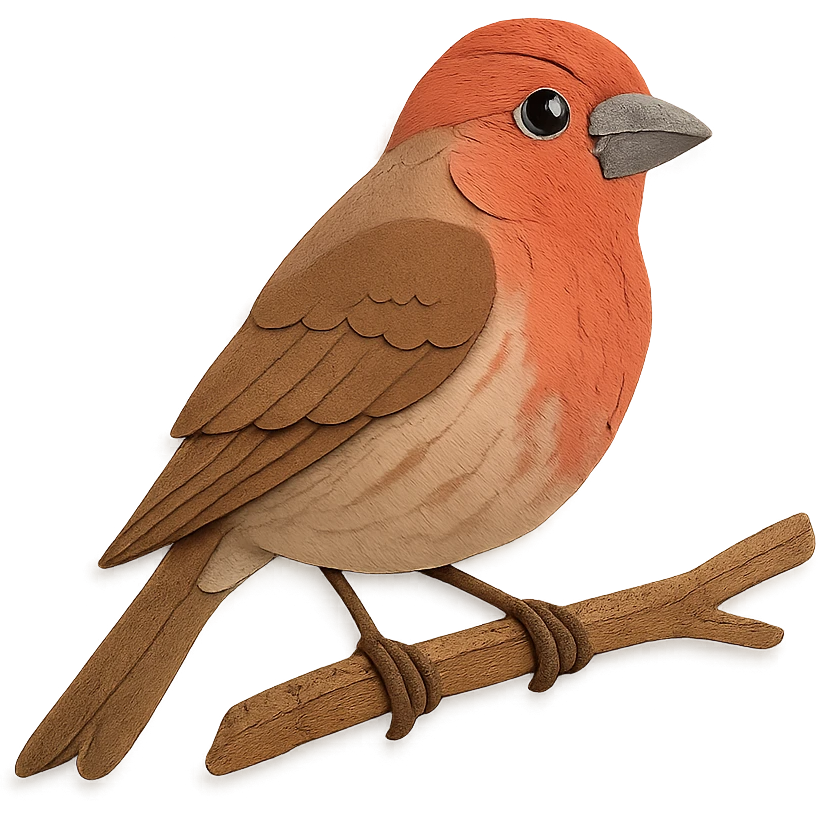 close-up of a house finch perched on a tree branch, fine paper edges, expressive eye, red and brown plumage emoji