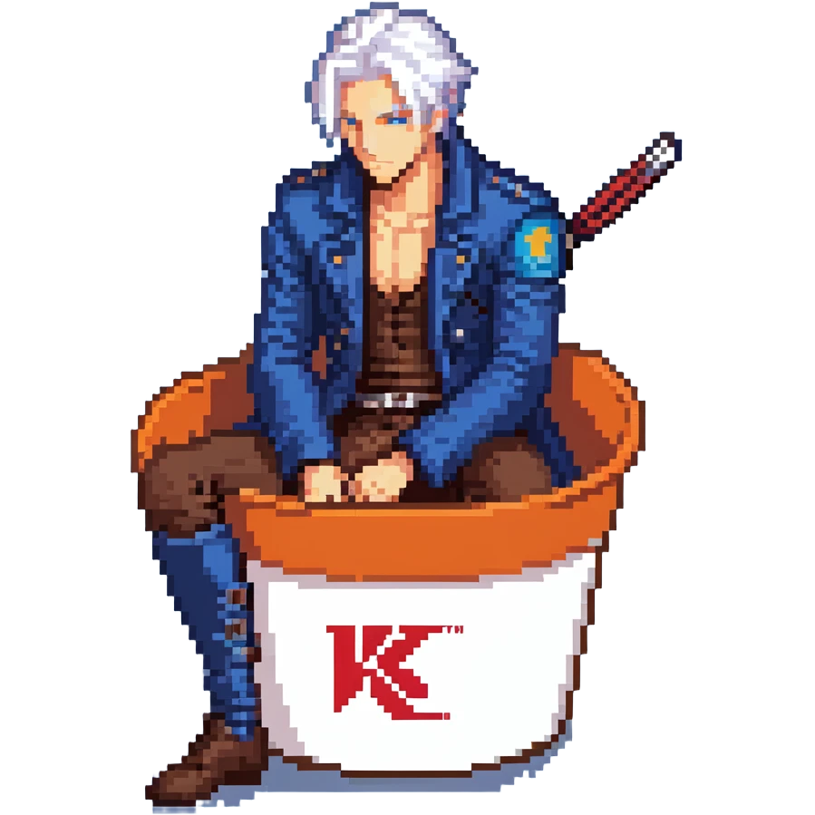 Vergil from Devil May Cry sitting in a KFC bucket, blue coat, white hair, katana emoji