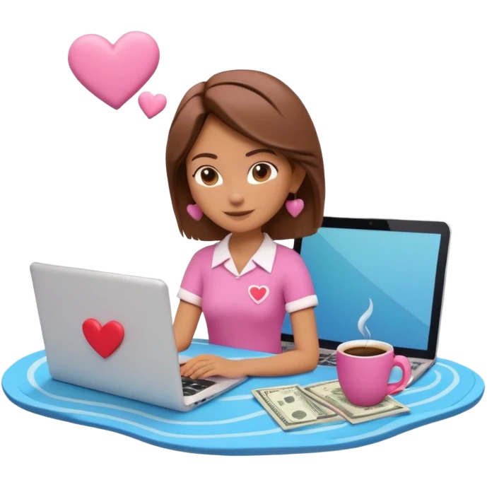 3D clay character relaxed with laptop and coffee, floating icons (envelope, heart, dollar), colofrful outfit, pink (#FF6B9D) floating icons, white laptop, Pixar style, transparent background emoji