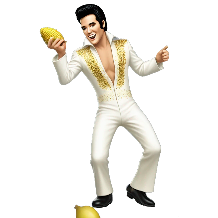A smiling Elvis Presley wearing a white and gold jumpsuit with black shoes in a dancing pose, A hand holding a large durian emoji