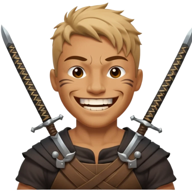 Haz que tenga una sonrisa epica una cicatriz en el ojo serrado y una espada entre los dientes y dos más a cada lado. emoji