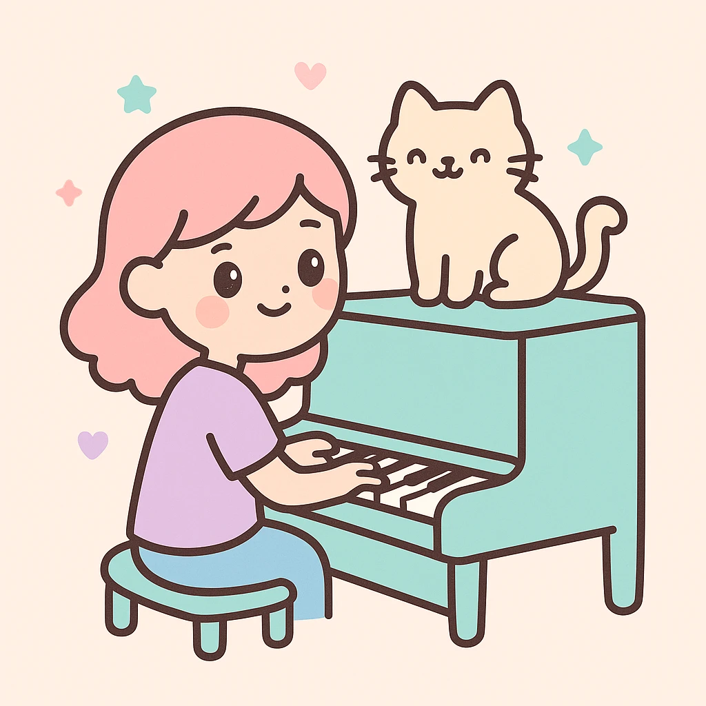 woman playing piano while her cat sits on top of the piano emoji