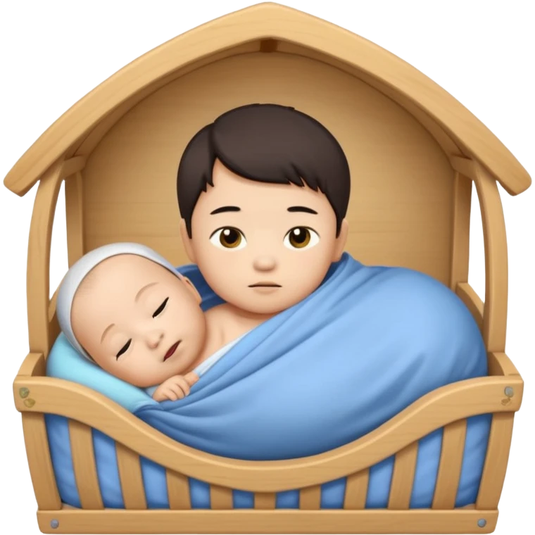 swaddled Asian baby boy lying in a wooden crib, emoji style emoji