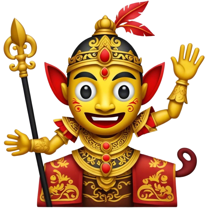 Cinematic Realistic Wayang Kulit Pop Culture Emoji, featuring a vibrant shadow-puppet theatre scene rendered with dynamic textures and artistic, traditional lighting. emoji