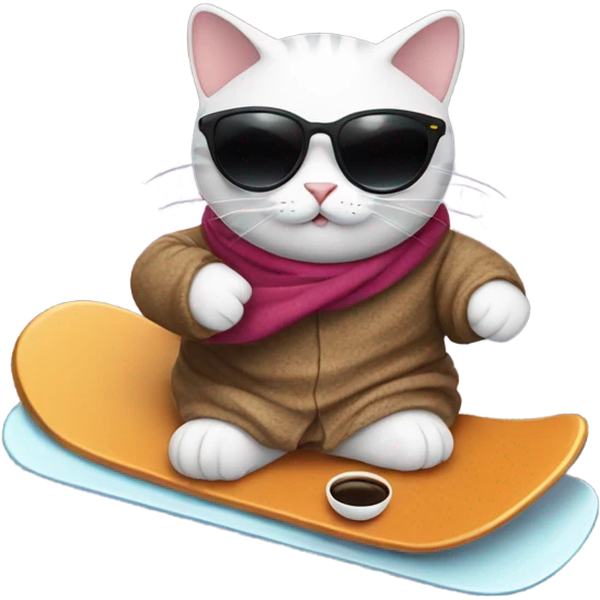Cat snowboarding with a cup of coffee, sunglasses and a robe  emoji