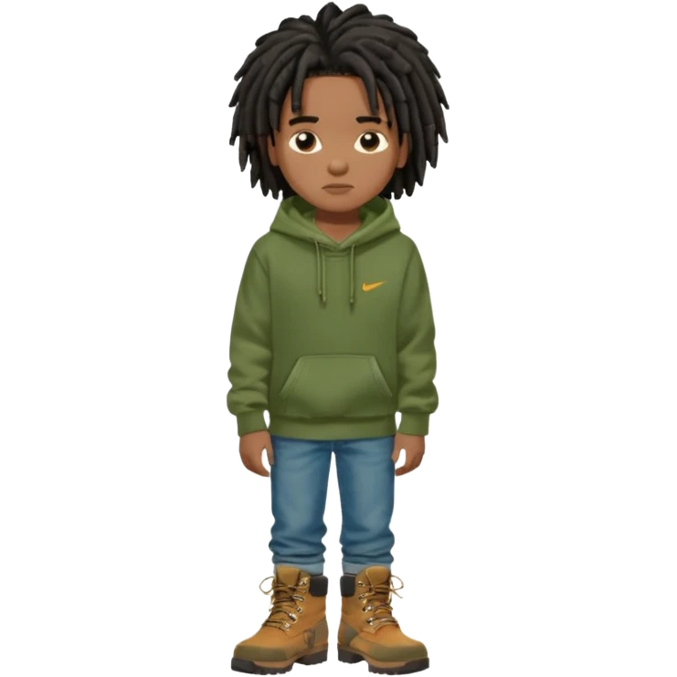 African American boy with short black dreadlocks wearing a green Nike hoodie wearing denim skinny jeans and timberland boots with his hands folded emoji